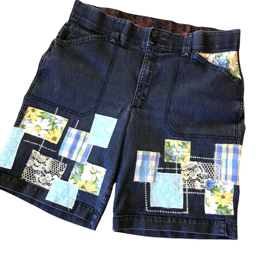 Boho Patchwork Jean Shorts Upcycled Denim Decorative Stitching Women's Size 14